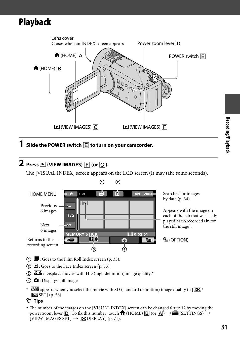 Playback | Sony HDR-CX12 User Manual | Page 31 / 116