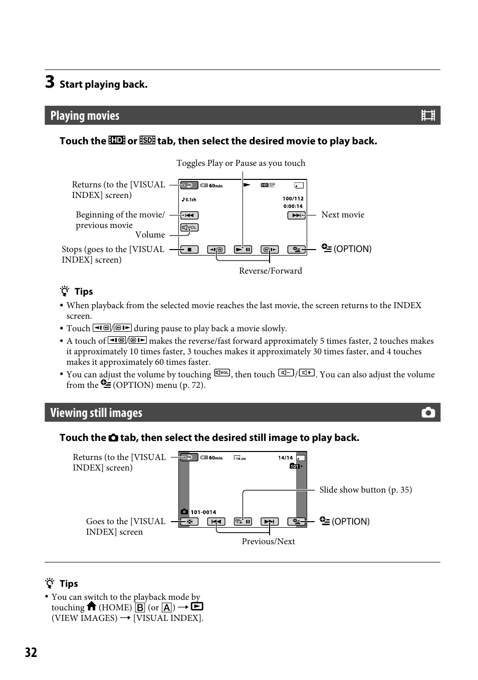 Playing movies, Viewing still images | Sony HDR-CX12 User Manual | Page 32 / 116