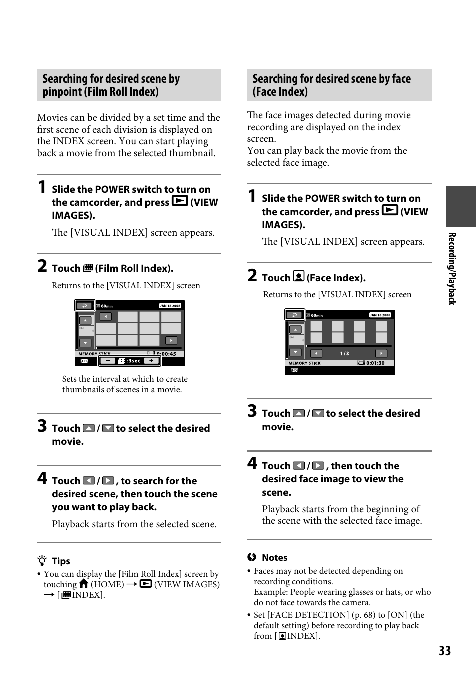 Searching for desired scene by face (face index), Searching for desired scene by pinpoint, Film roll index) | Searching for desired scene by face, Face index) | Sony HDR-CX12 User Manual | Page 33 / 116