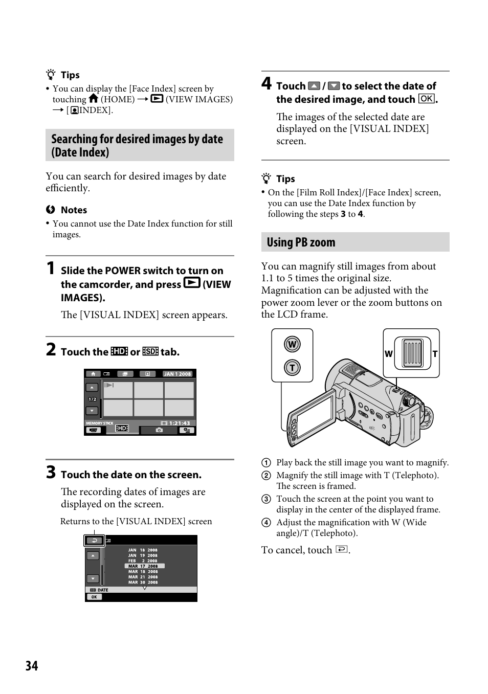 Searching for desired images by date (date index), Using pb zoom, Searching for desired images by date | Date index) | Sony HDR-CX12 User Manual | Page 34 / 116
