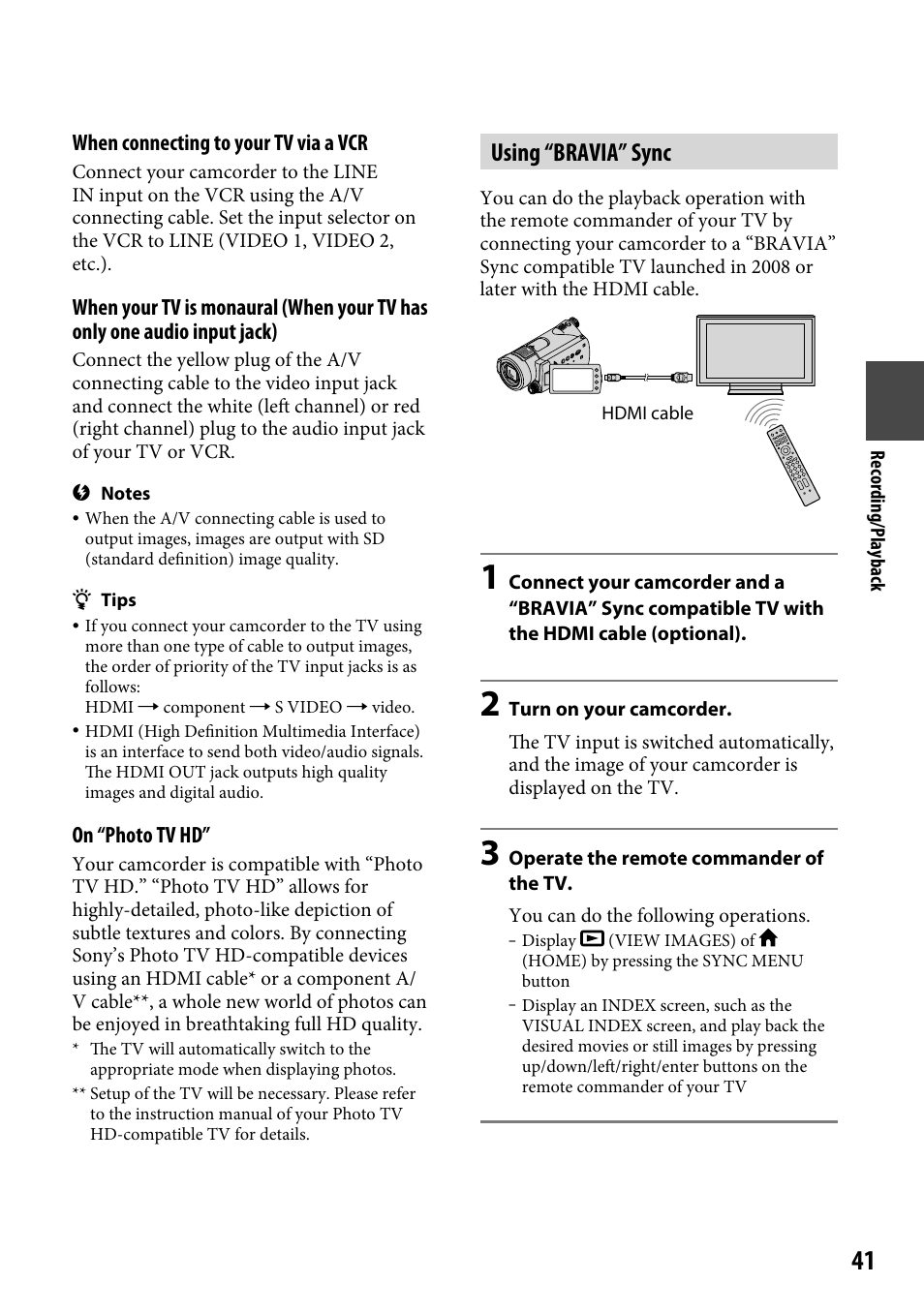 Using “bravia” sync | Sony HDR-CX12 User Manual | Page 41 / 116