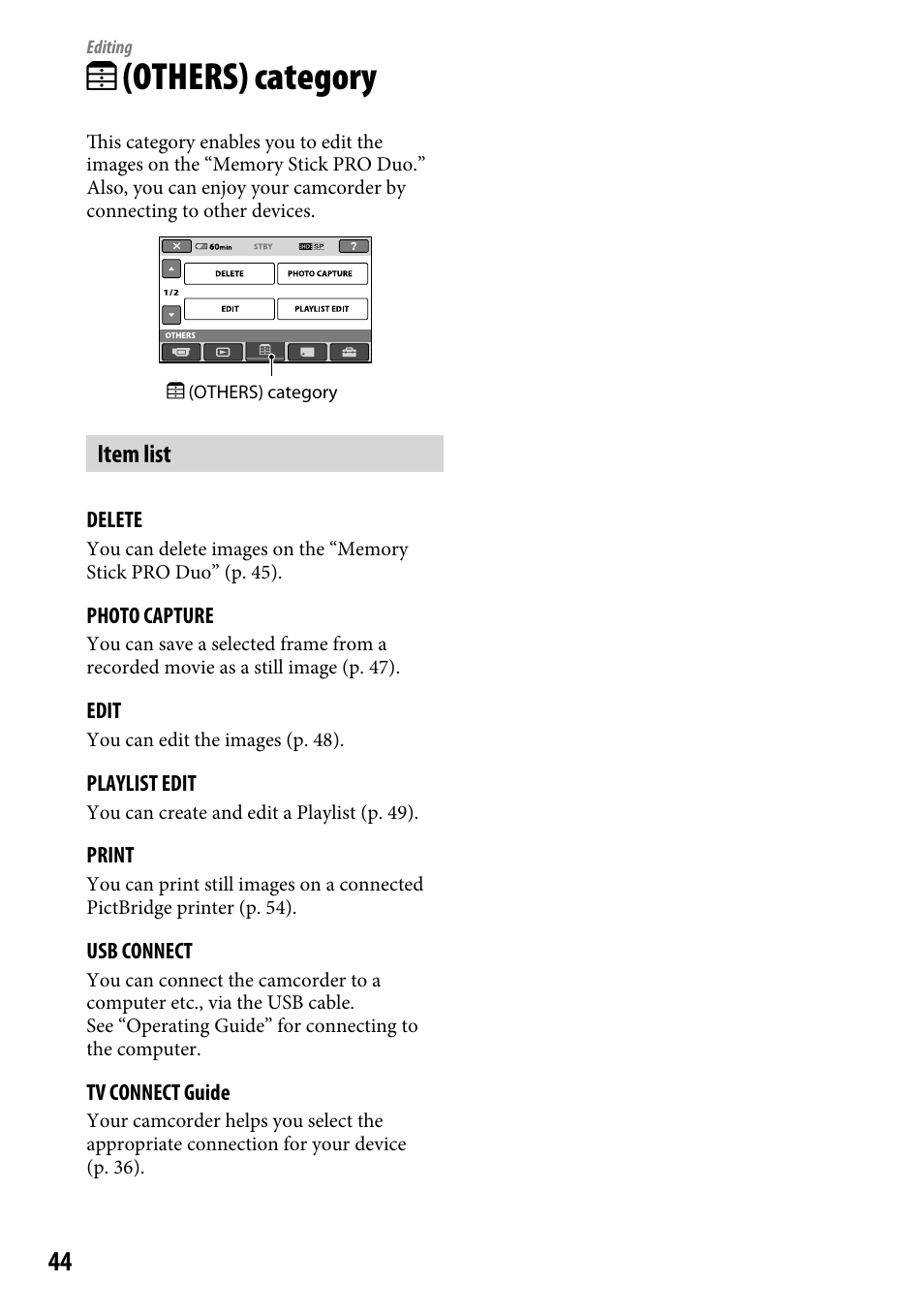 Editing, Others) category, Item list | Sony HDR-CX12 User Manual | Page 44 / 116