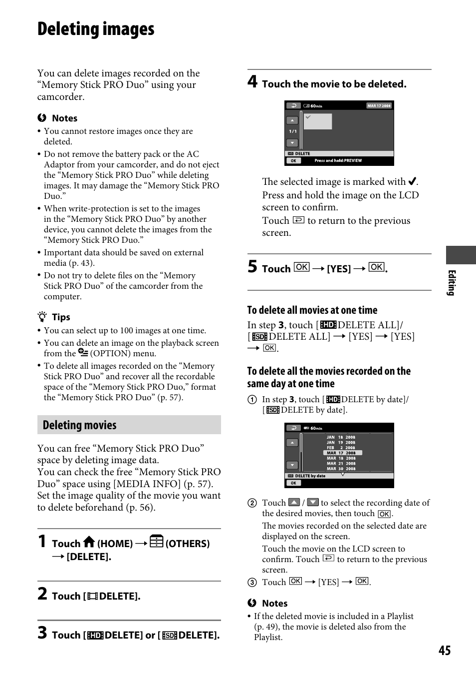 Deleting images, Deleting movies | Sony HDR-CX12 User Manual | Page 45 / 116