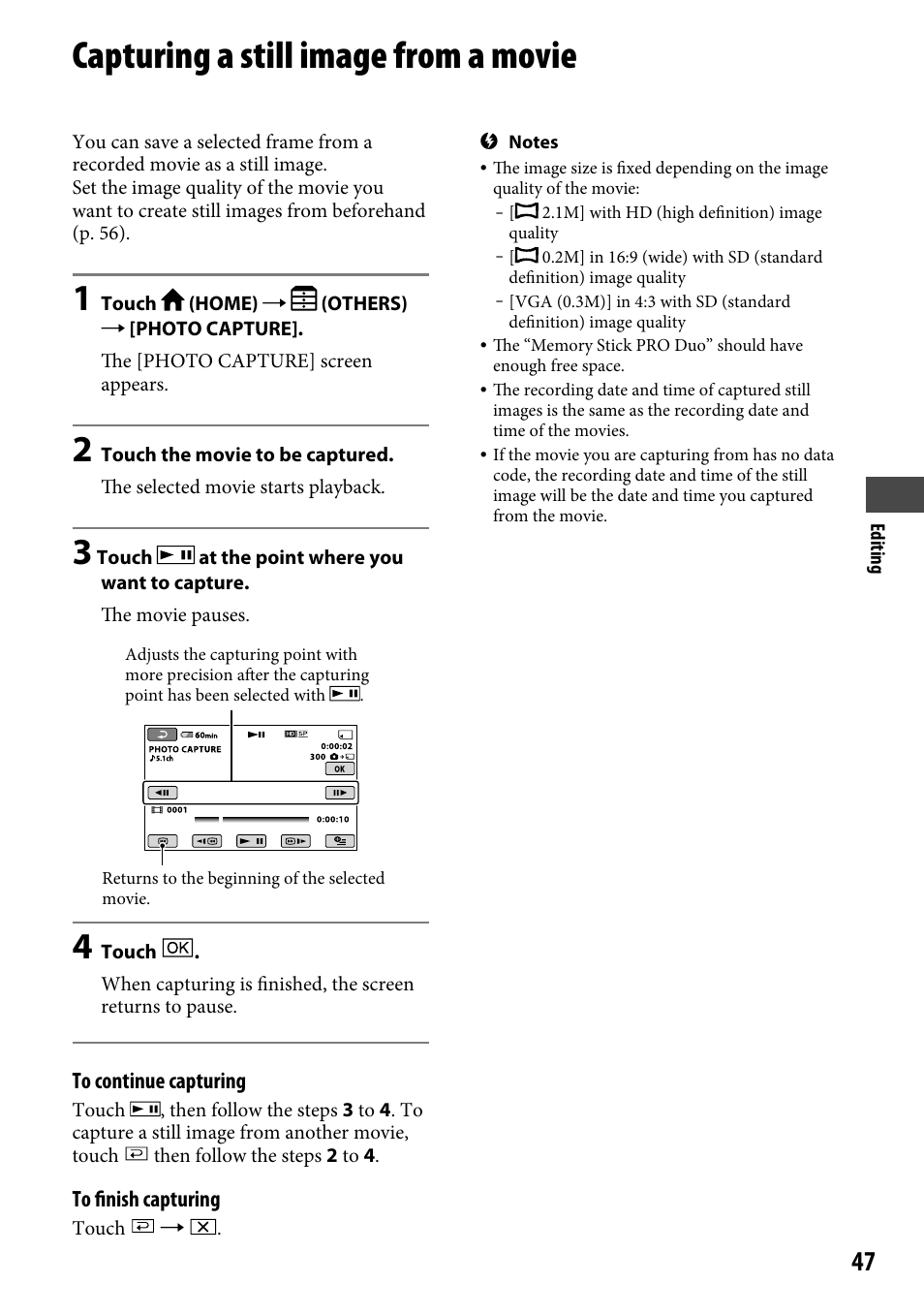 Capturing a still image from a movie | Sony HDR-CX12 User Manual | Page 47 / 116