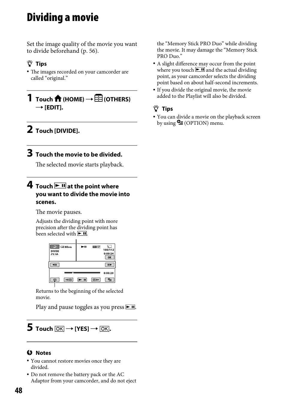 Dividing a movie | Sony HDR-CX12 User Manual | Page 48 / 116