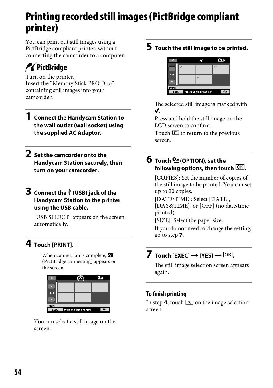 Printing recorded still images, Pictbridge compliant printer) | Sony HDR-CX12 User Manual | Page 54 / 116