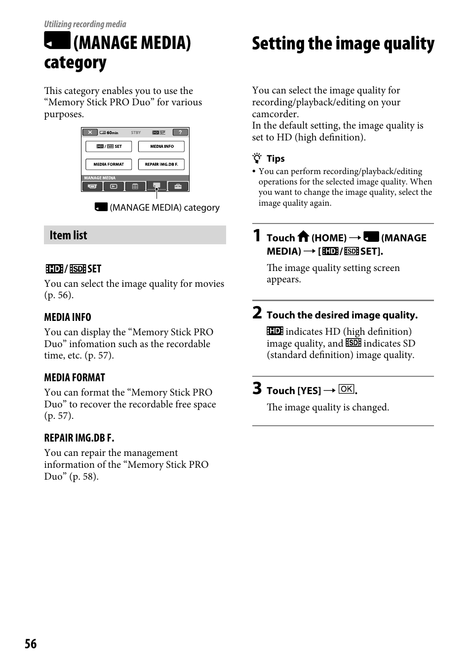 Utilizing recording media, Manage media) category, Setting the image quality | Utilizing recording, Media | Sony HDR-CX12 User Manual | Page 56 / 116