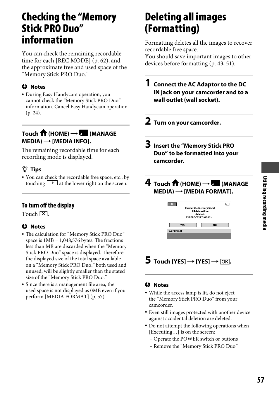 Checking the “memory stick pro duo” information, Deleting all images (formatting), Checking the “memory stick pro duo | Information, 57). note that | Sony HDR-CX12 User Manual | Page 57 / 116