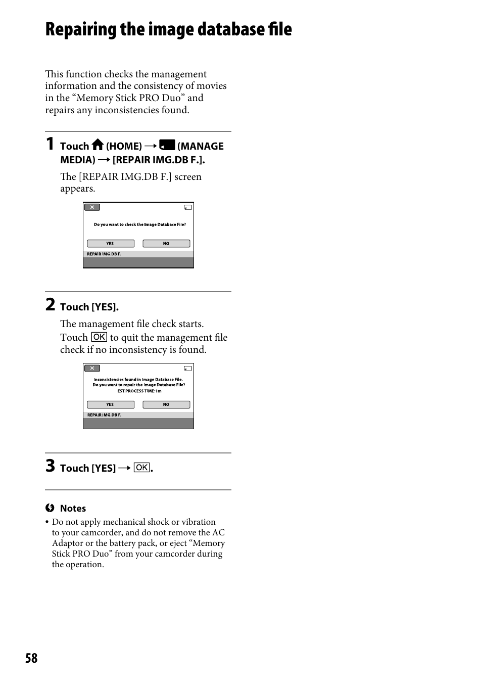 Repairing the image database file | Sony HDR-CX12 User Manual | Page 58 / 116