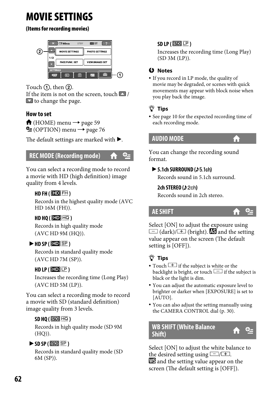 Movie settings (items for recording movies), Movie settings, Items for recording movies) | 62), and, Rec mode (recording mode), Audio mode, Ae shift, Wb shift (white balance shift) | Sony HDR-CX12 User Manual | Page 62 / 116