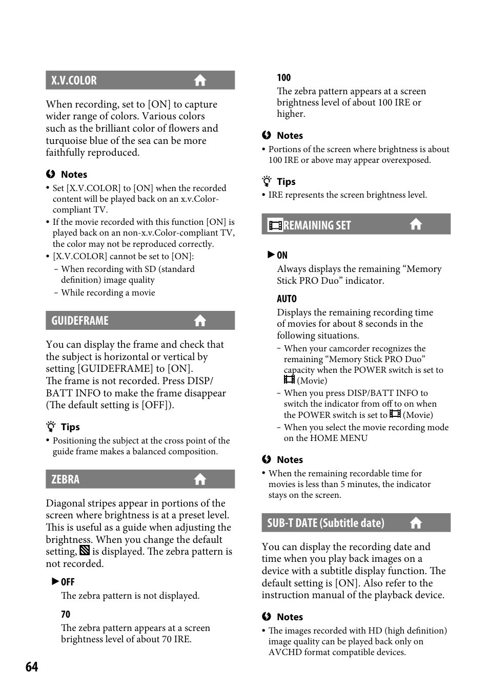 X.v.color, Guideframe, Zebra | Remaining set, Sub-t date (subtitle date) | Sony HDR-CX12 User Manual | Page 64 / 116