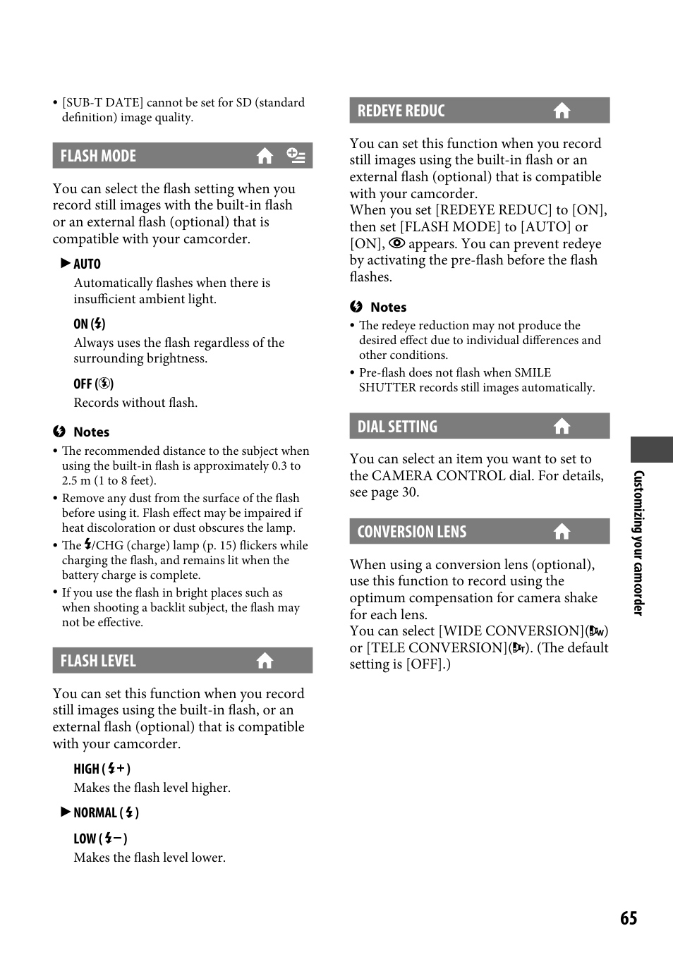 Flash mode, Flash level, Redeye reduc | Dial setting, Conversion lens | Sony HDR-CX12 User Manual | Page 65 / 116