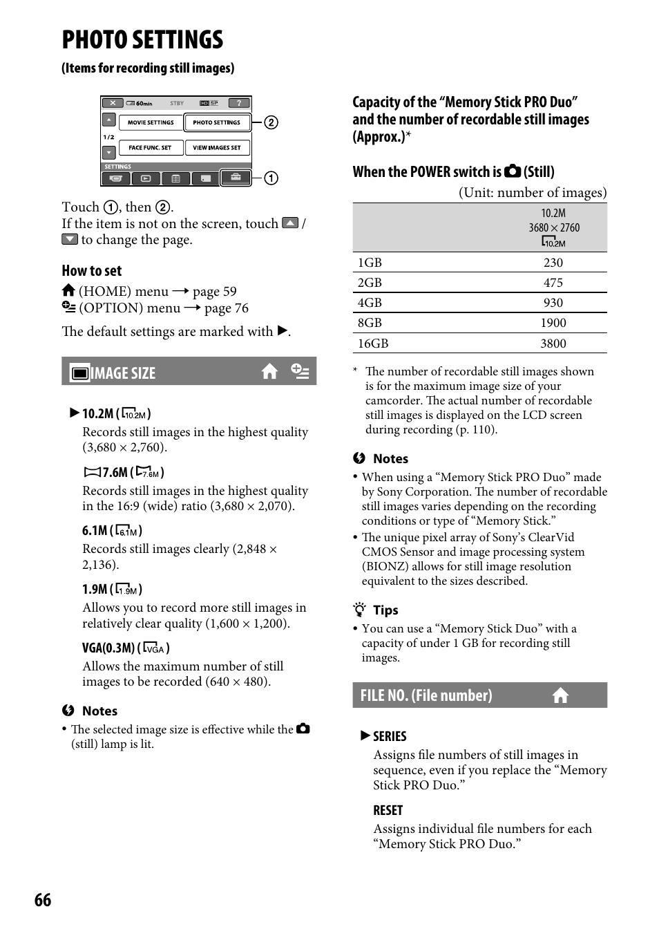 Photo settings (items for recording still images), Photo settings, Items for recording still images) | Image size, File no. (file number) | Sony HDR-CX12 User Manual | Page 66 / 116