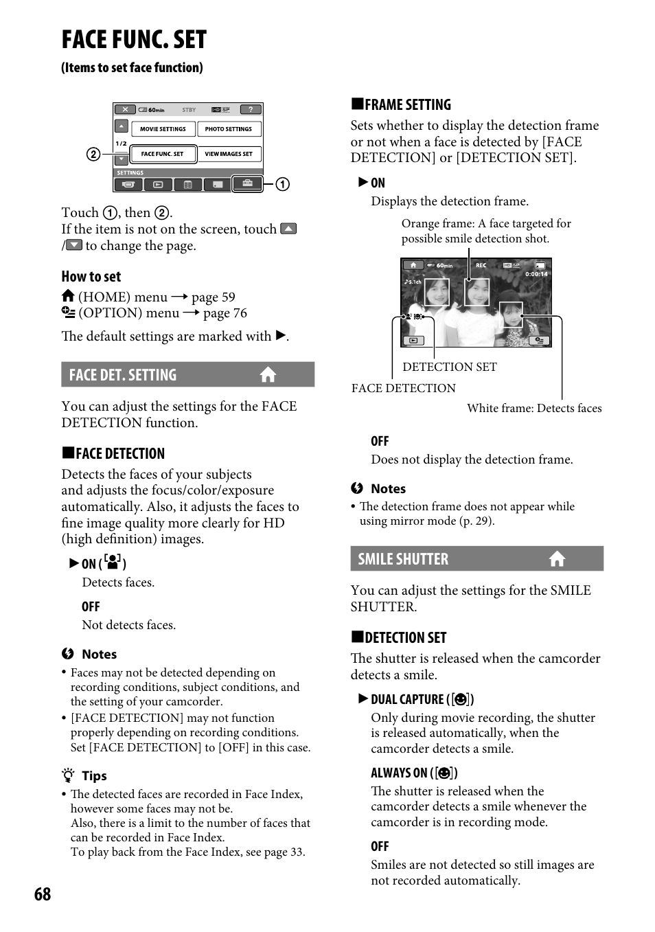 Face func. set (items to set face function), Face func. set, Items to set face function) | 68). an orange frame appears around a face, Face det. setting, Smile shutter | Sony HDR-CX12 User Manual | Page 68 / 116