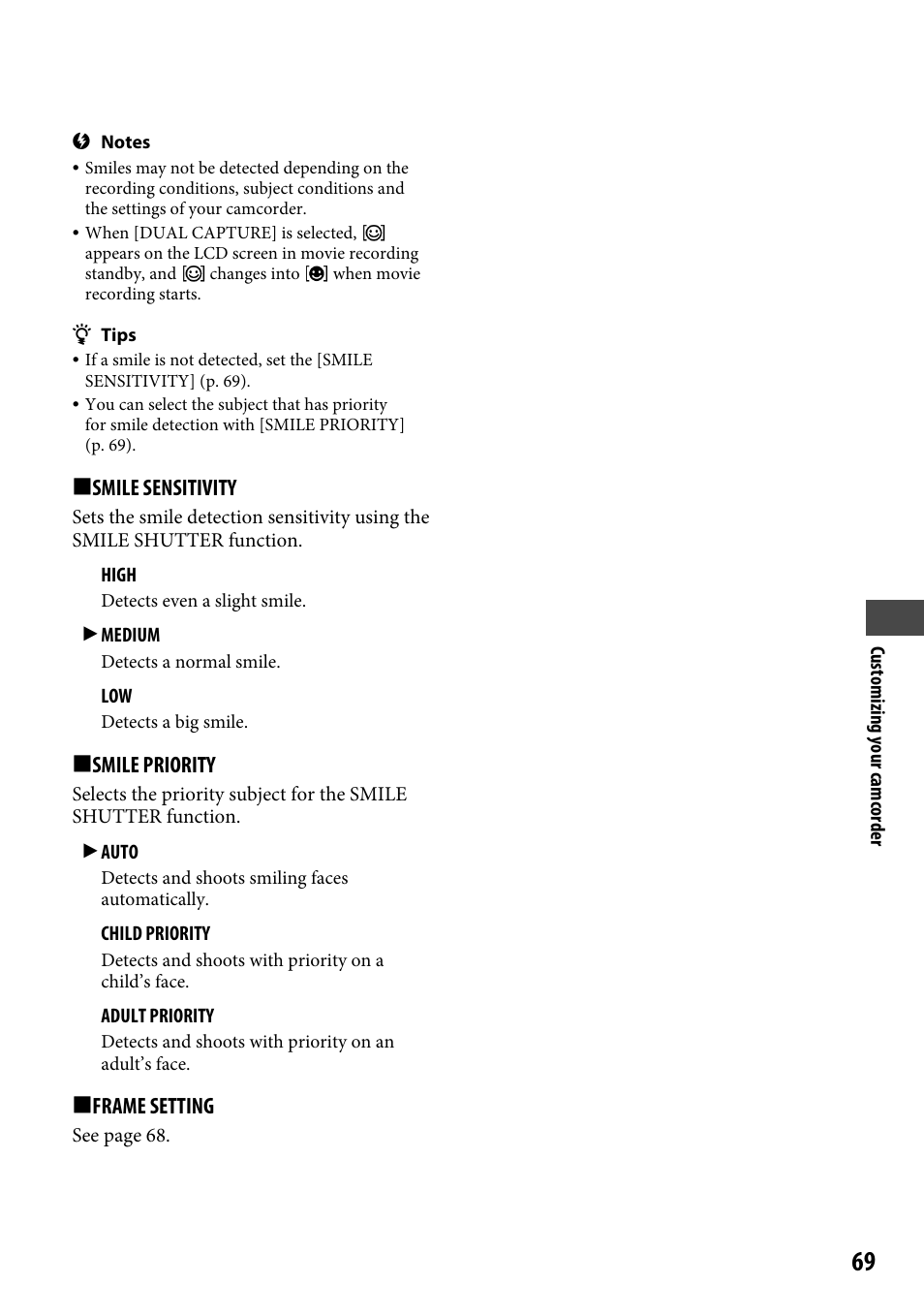 Smile sensitivity, Smile priority, Frame setting | Sony HDR-CX12 User Manual | Page 69 / 116