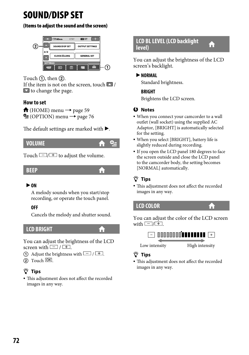 Sound/disp set, Items to adjust the sound and the, Screen) | Volume, Beep, Lcd bright, Lcd bl level (lcd backlight level), Lcd color | Sony HDR-CX12 User Manual | Page 72 / 116