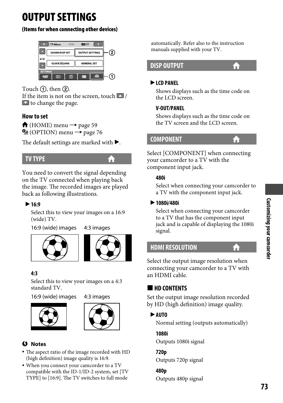Output settings, Items for when connecting other, Devices) | Tv type, Disp output, Component, Hdmi resolution | Sony HDR-CX12 User Manual | Page 73 / 116