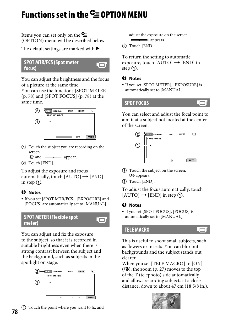 Functions set in the option menu, Spot mtr/fcs (spot meter focus), Spot meter (flexible spot meter) | Spot focus, Tele macro | Sony HDR-CX12 User Manual | Page 78 / 116