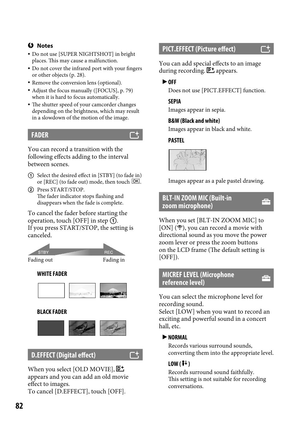 Fader, D.effect (digital effect), Pict.effect (picture effect) | Blt-in zoom mic (built-in zoom microphone), Micref level (microphone reference level) | Sony HDR-CX12 User Manual | Page 82 / 116