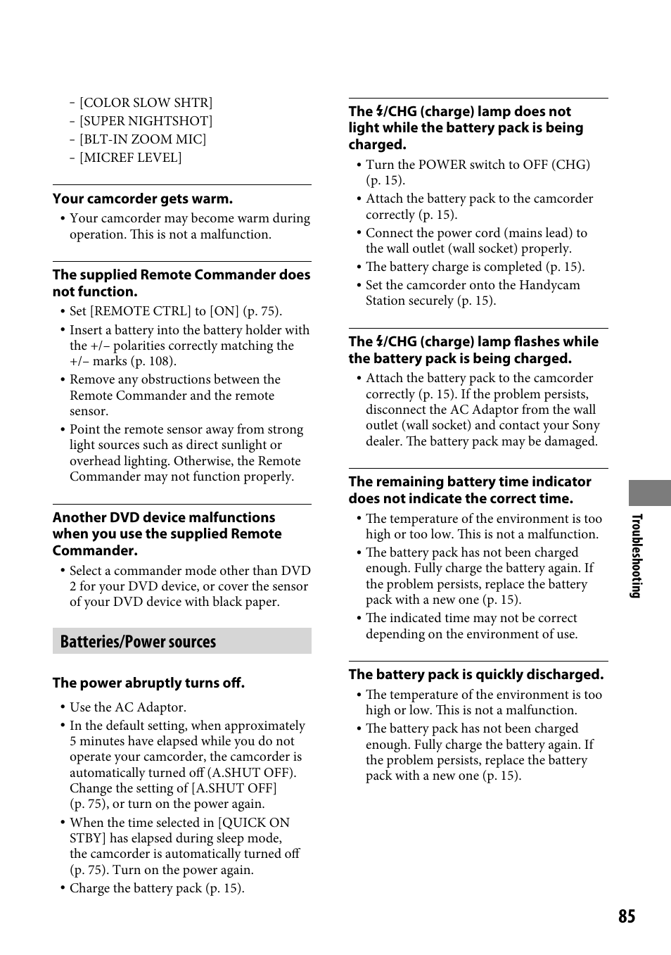 Batteries/power sources | Sony HDR-CX12 User Manual | Page 85 / 116
