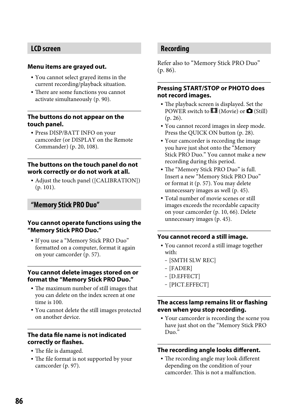 Lcd screen, Recording | Sony HDR-CX12 User Manual | Page 86 / 116