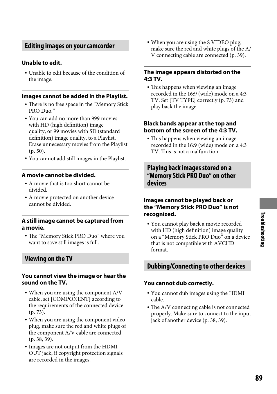 Editing images on your camcorder, Viewing on the tv, Dubbing/connecting to other devices | Sony HDR-CX12 User Manual | Page 89 / 116