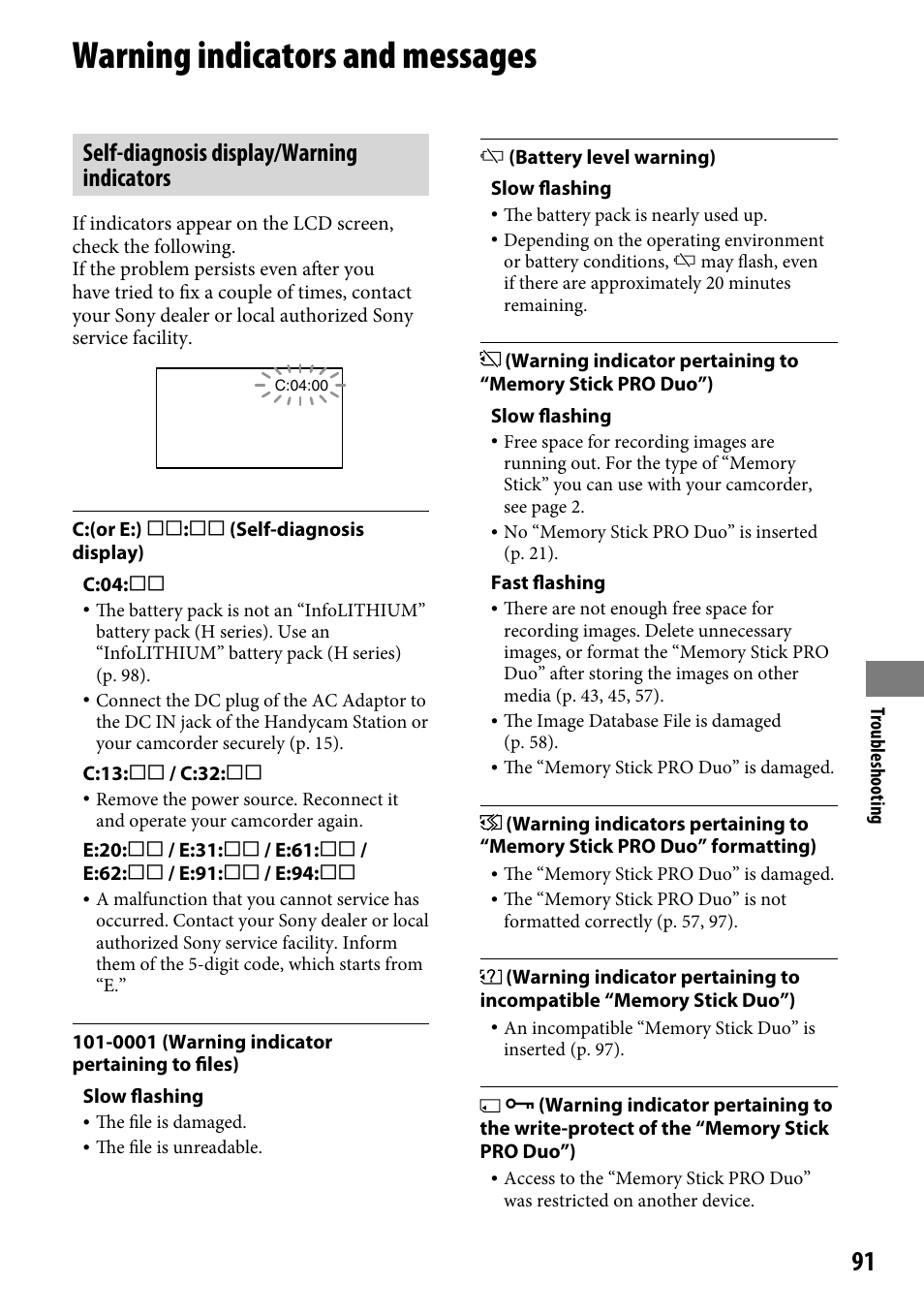 Warning indicators and messages, Self-diagnosis display/warning indicators | Sony HDR-CX12 User Manual | Page 91 / 116