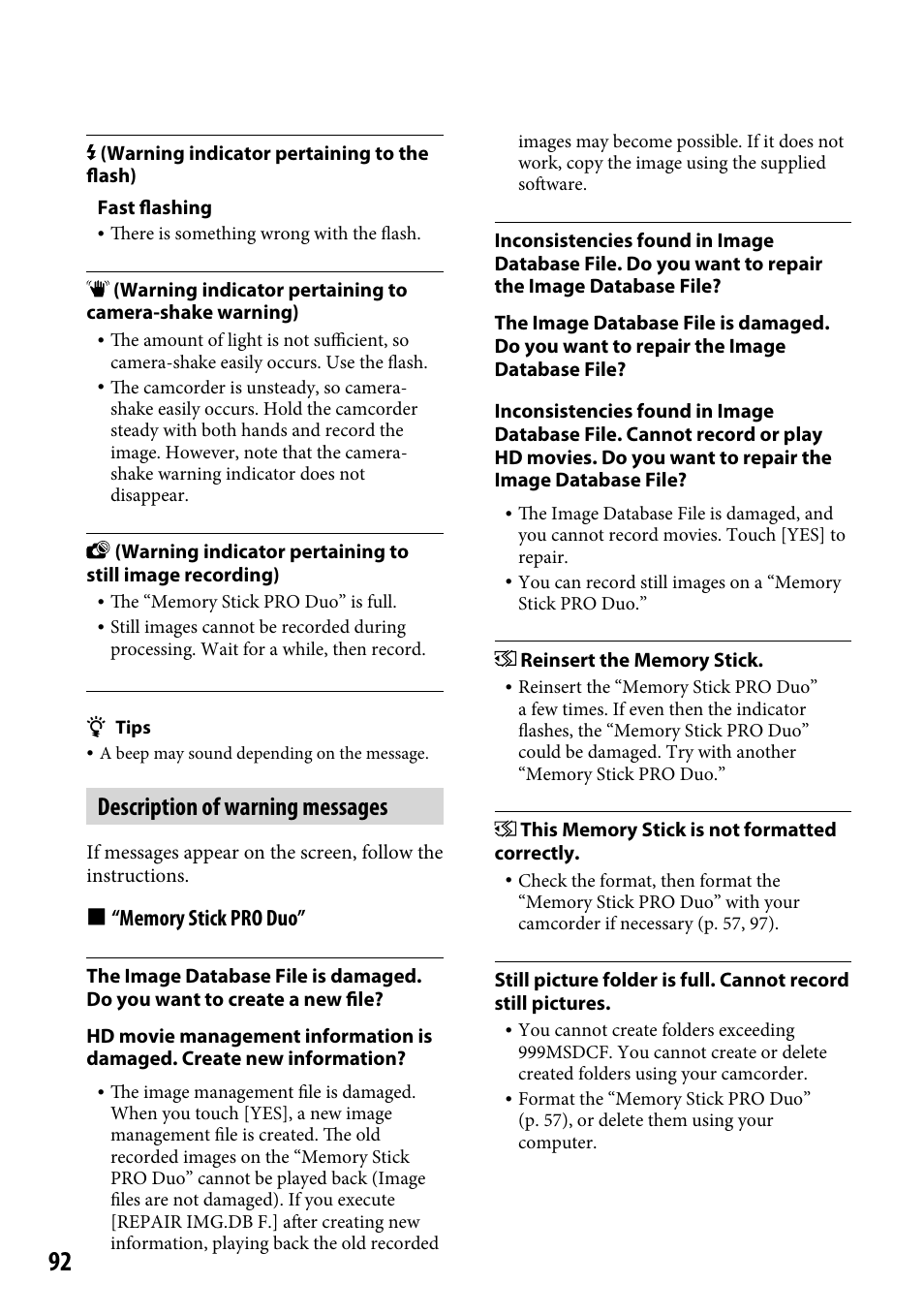 Description of warning messages | Sony HDR-CX12 User Manual | Page 92 / 116