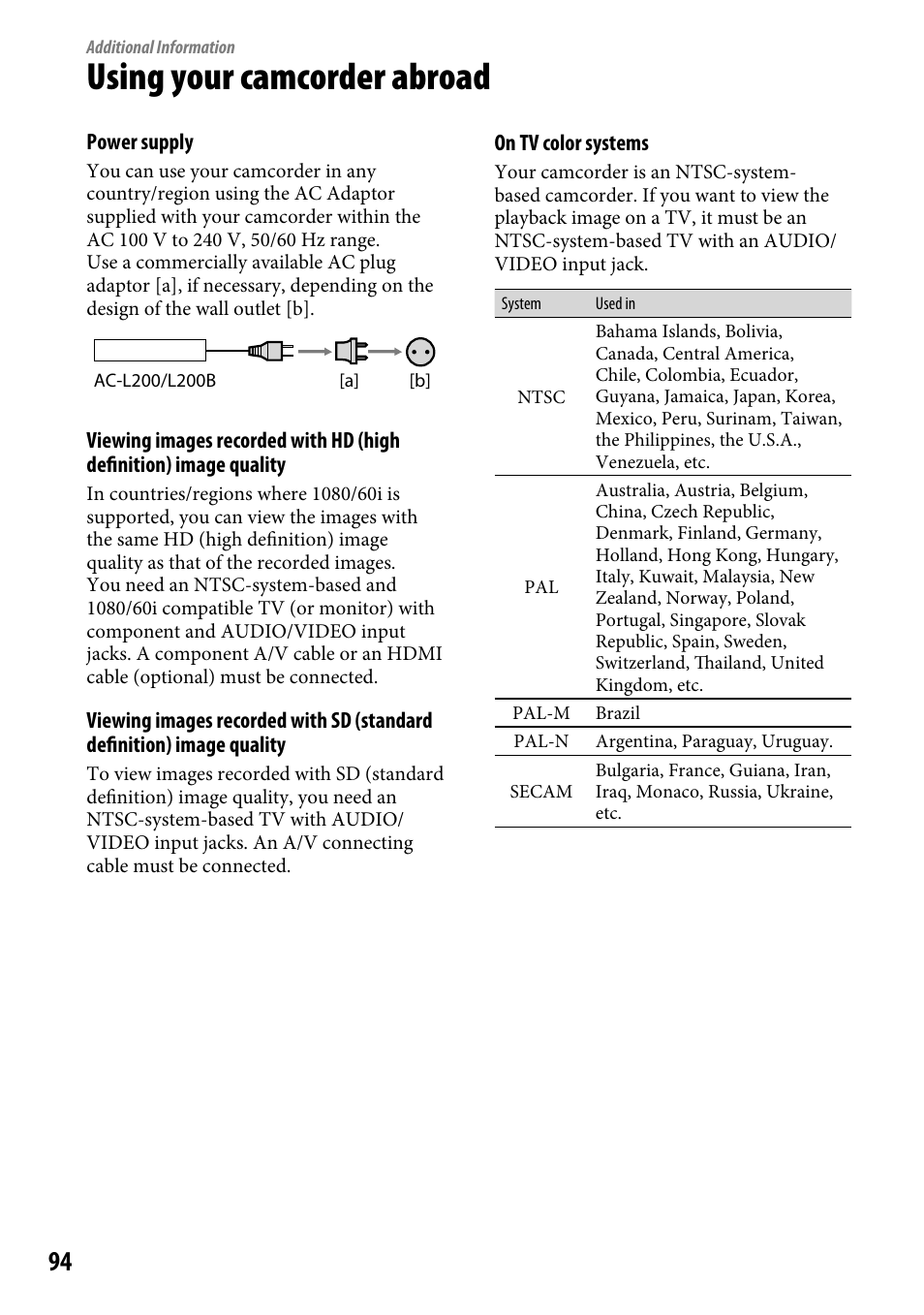 Additional information, Using your camcorder abroad | Sony HDR-CX12 User Manual | Page 94 / 116