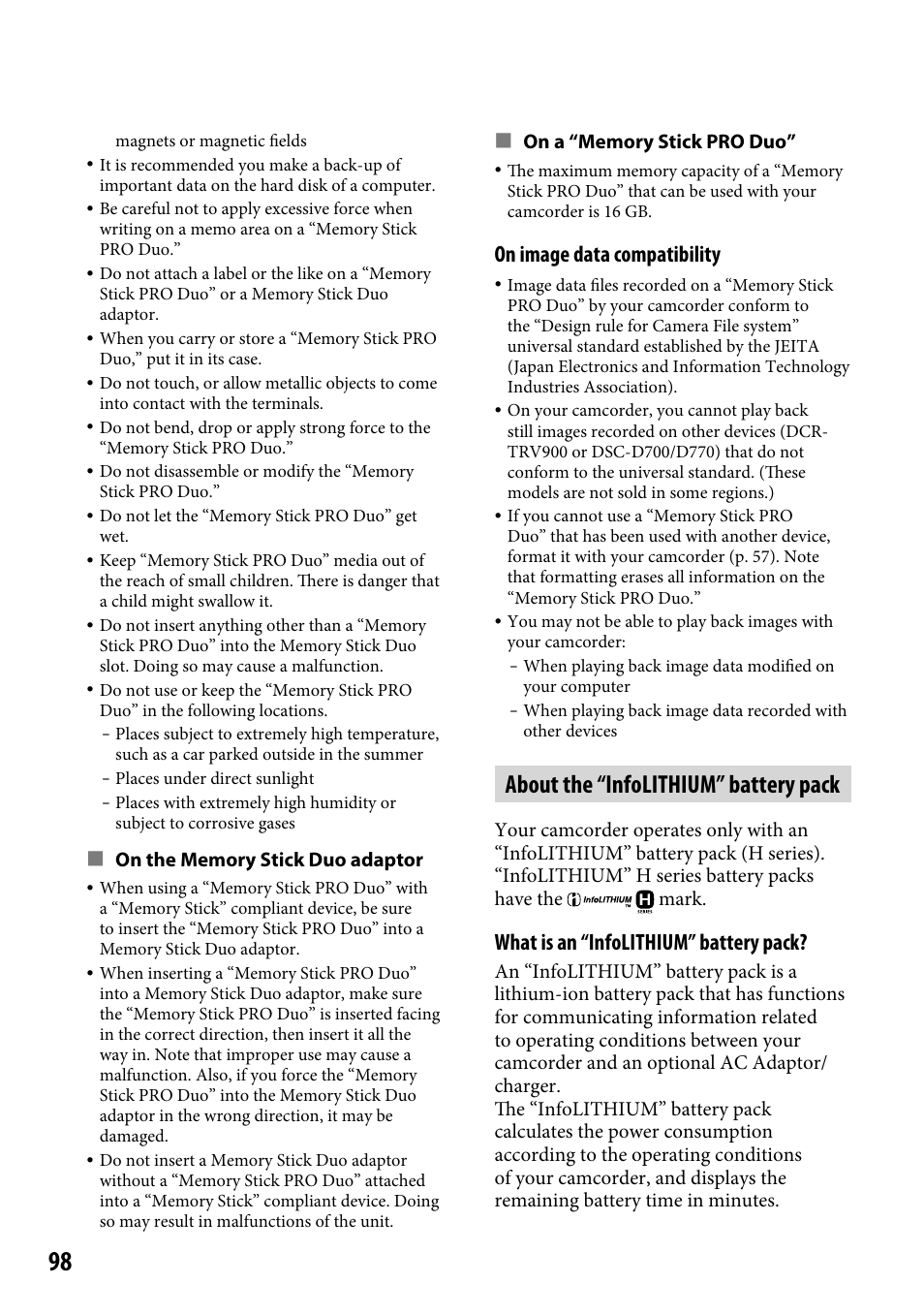 About the “infolithium” battery pack, On image data compatibility, What is an “infolithium” battery pack | Sony HDR-CX12 User Manual | Page 98 / 116