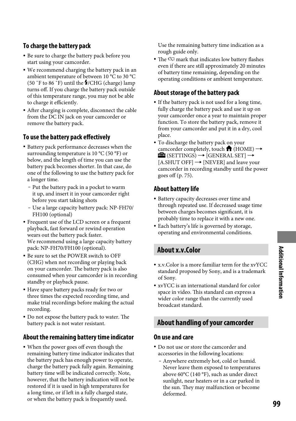 About x.v.color, About handling of your camcorder, Or waterproofed. see “about handling of your | Camcorder” (p, About the remaining battery time indicator, About storage of the battery pack, About battery life, On use and care | Sony HDR-CX12 User Manual | Page 99 / 116