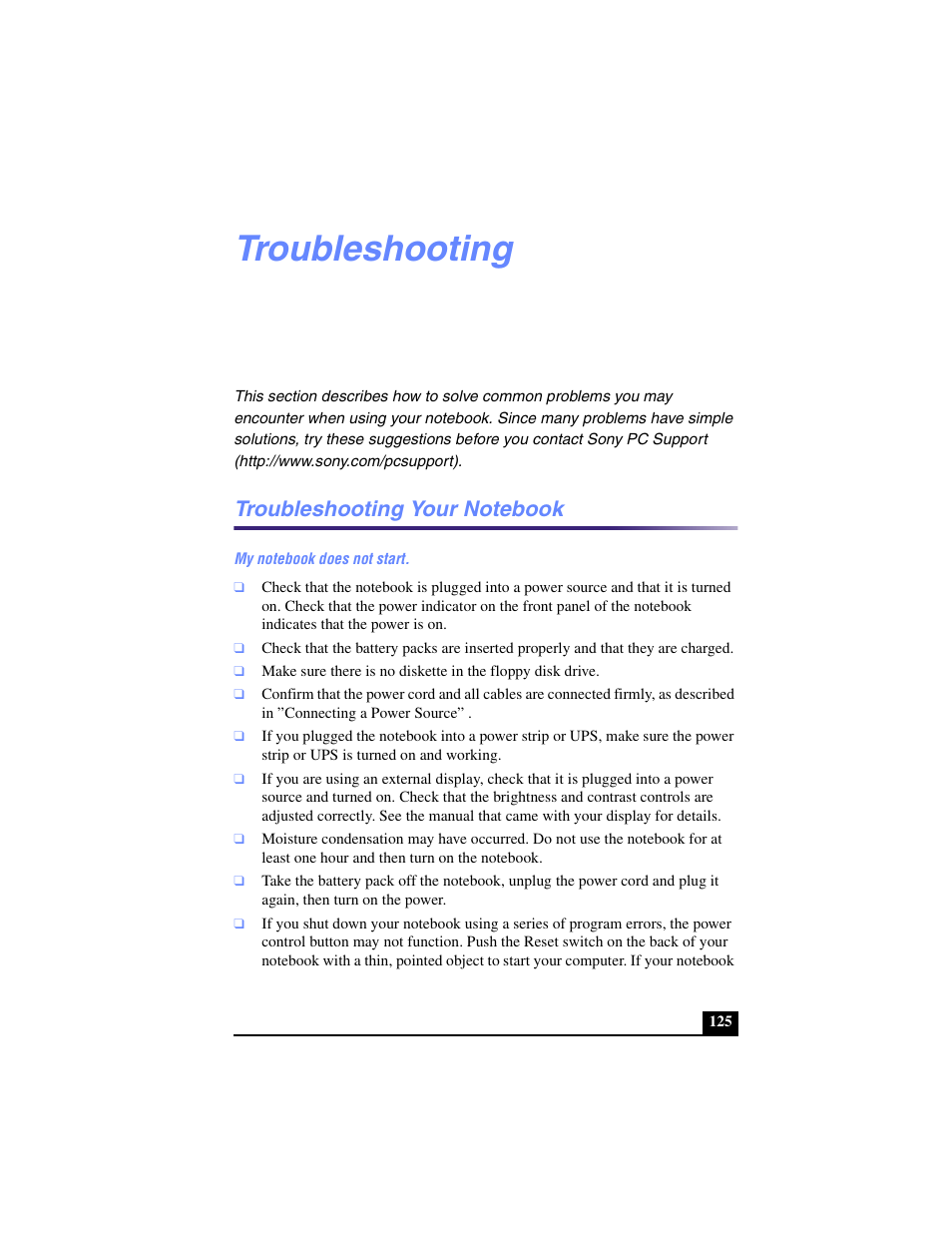 Troubleshooting, Troubleshooting your notebook | Sony PCG-R505TL User Manual | Page 125 / 146