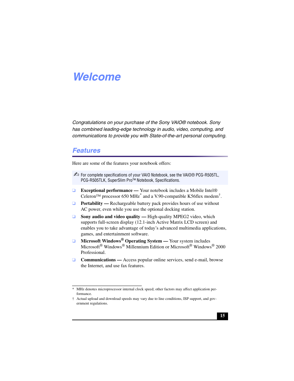 Welcome, Features | Sony PCG-R505TL User Manual | Page 15 / 146