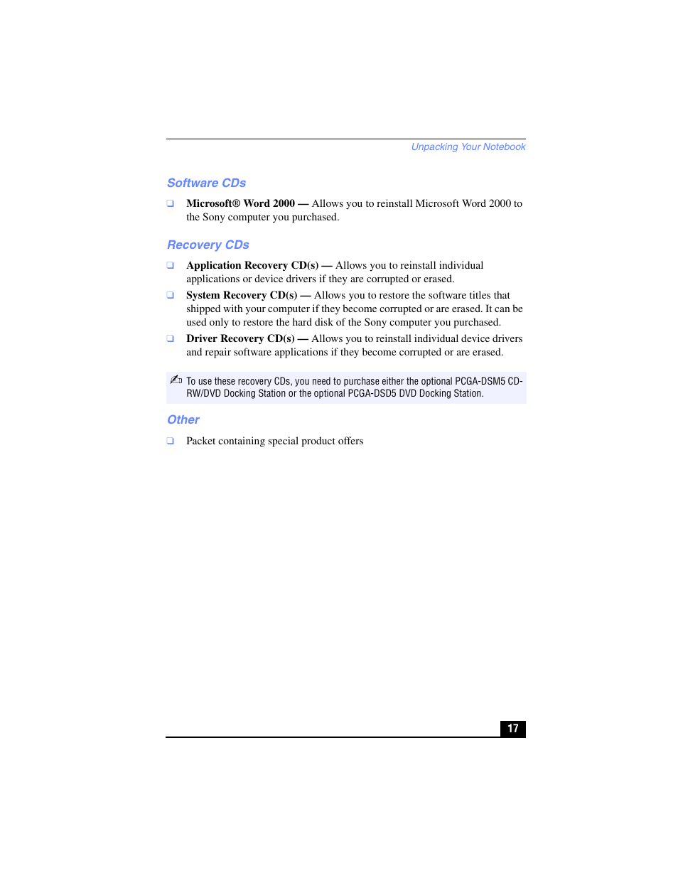 Software cds, Recovery cds, Other | Software cds recovery cds other | Sony PCG-R505TL User Manual | Page 17 / 146