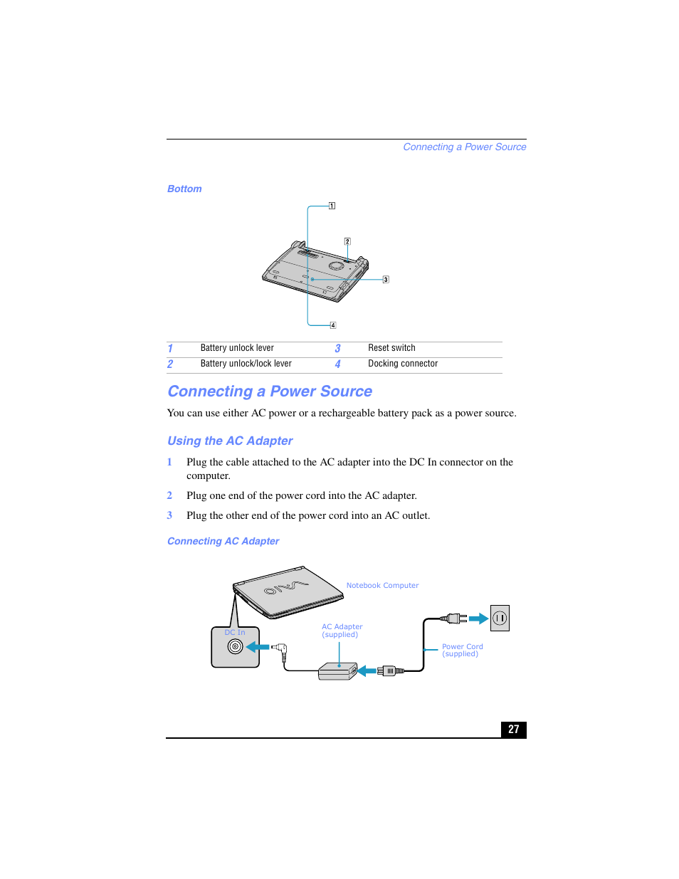 Connecting a power source, Using the ac adapter | Sony PCG-R505TL User Manual | Page 27 / 146