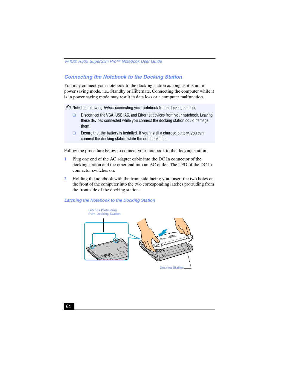 Connecting the notebook to the docking station | Sony PCG-R505TL User Manual | Page 64 / 146