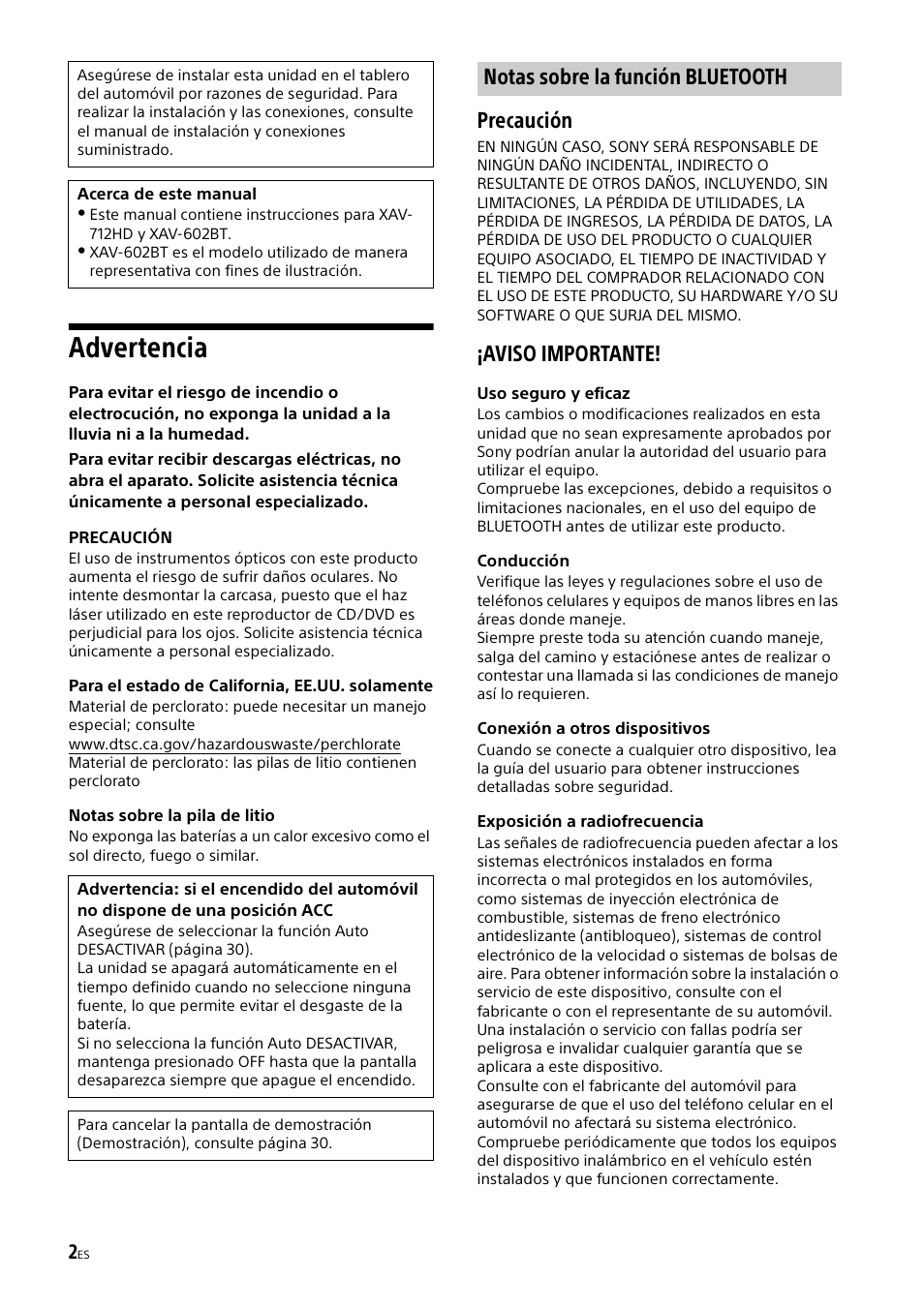 Advertencia, Precaución, Aviso importante | Notas sobre la función bluetooth | Sony XAV-602BT User Manual | Page 104 / 164