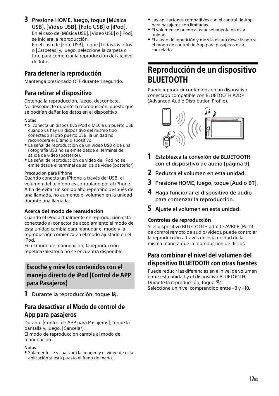 Reproducción de un dispositivo bluetooth, Para detener la reproducción, Para retirar el dispositivo | Sony XAV-602BT User Manual | Page 119 / 164