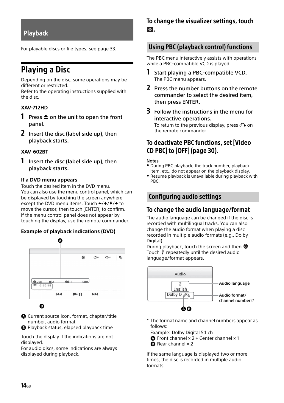 Playback, Playing a disc | Sony XAV-602BT User Manual | Page 14 / 164