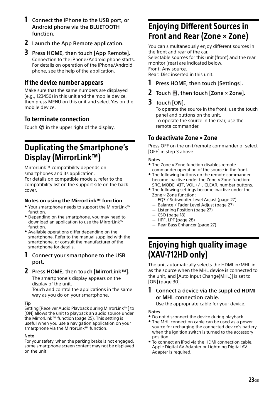 Duplicating the smartphone’s display (mirrorlink™), Enjoying high quality image (xav-712hd only), Duplicating the smartphone’s display | Mirrorlink™), Enjoying different sources in front and rear, Zone × zone), Enjoying high quality image, Xav-712hd only), If the device number appears | Sony XAV-602BT User Manual | Page 23 / 164