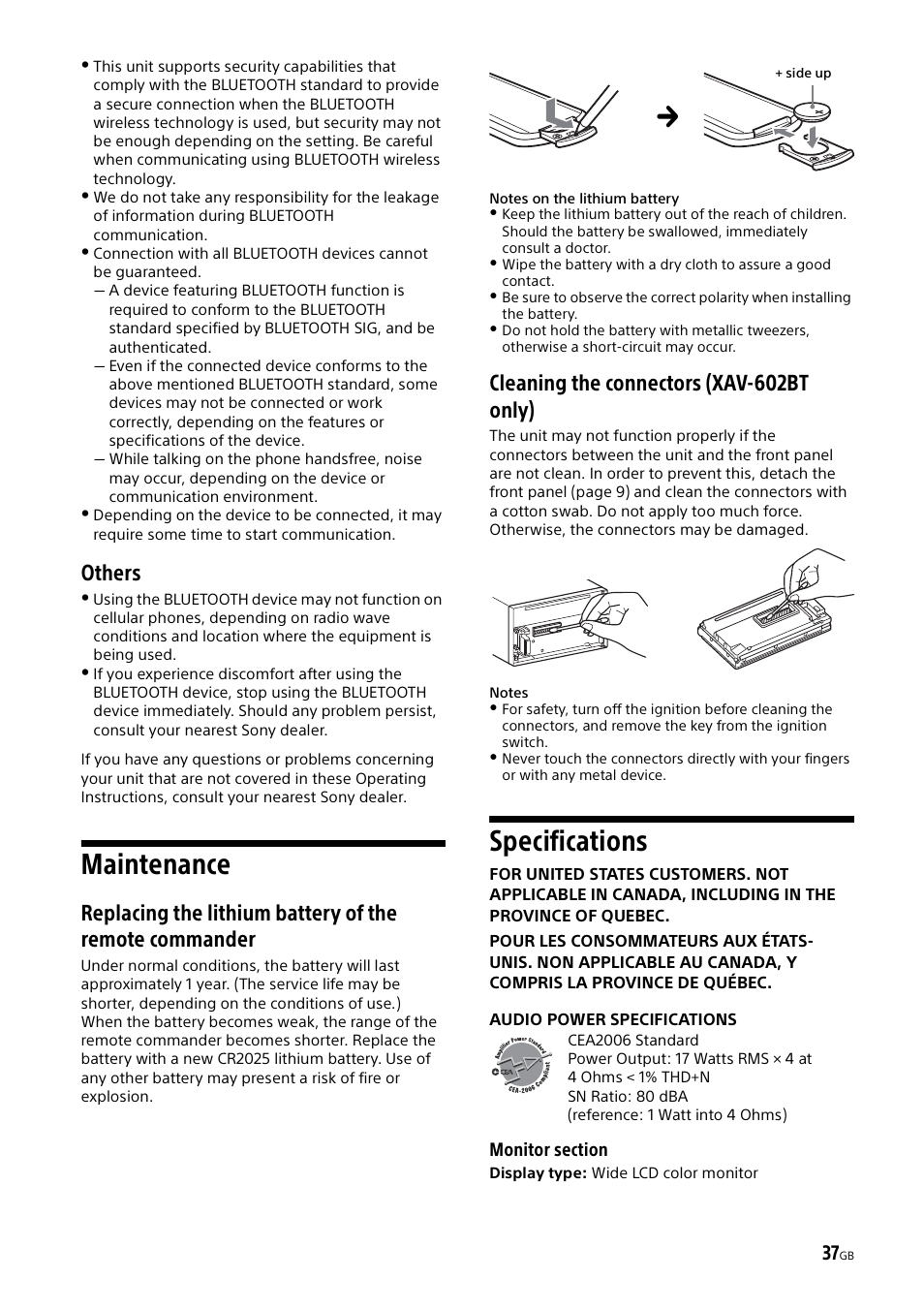 Maintenance, Specifications, Maintenance specifications | Others, Cleaning the connectors (xav-602bt only) | Sony XAV-602BT User Manual | Page 37 / 164