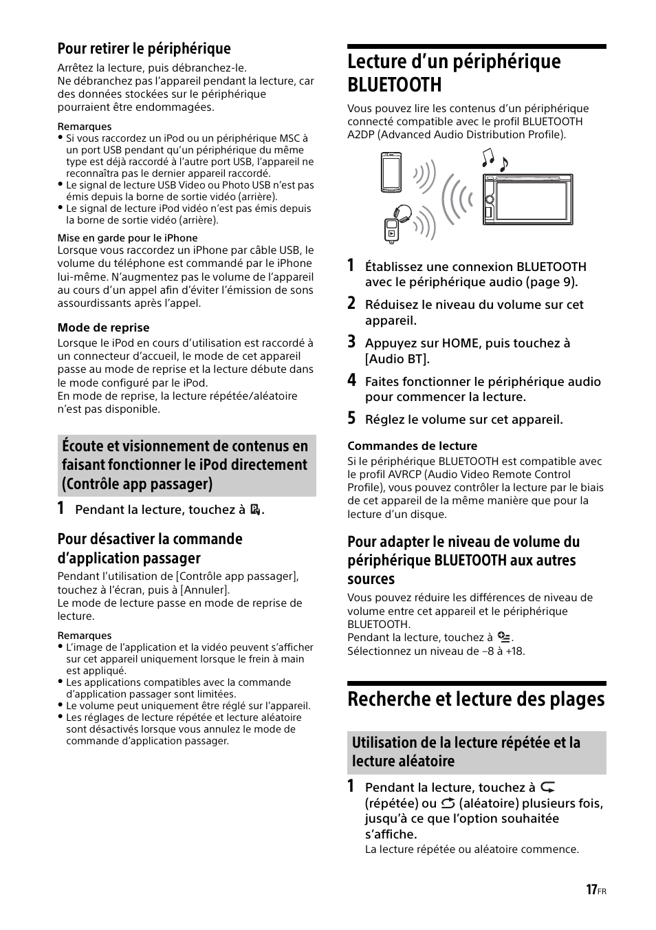 Lecture d’un périphérique bluetooth, Recherche et lecture des plages, Pour retirer le périphérique | Pour désactiver la commande d’application passager | Sony XAV-602BT User Manual | Page 65 / 164