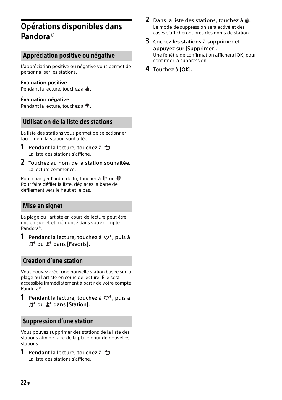 Opérations disponibles dans pandora | Sony XAV-602BT User Manual | Page 70 / 164