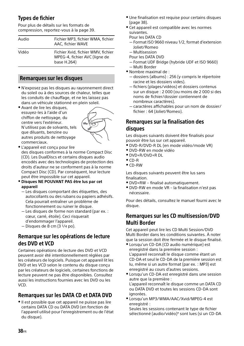 Types de fichier, Remarques sur les data cd et data dvd, Remarques sur la finalisation des disques | Remarques sur les cd multisession/dvd multi border, Remarques sur les disques | Sony XAV-602BT User Manual | Page 86 / 164