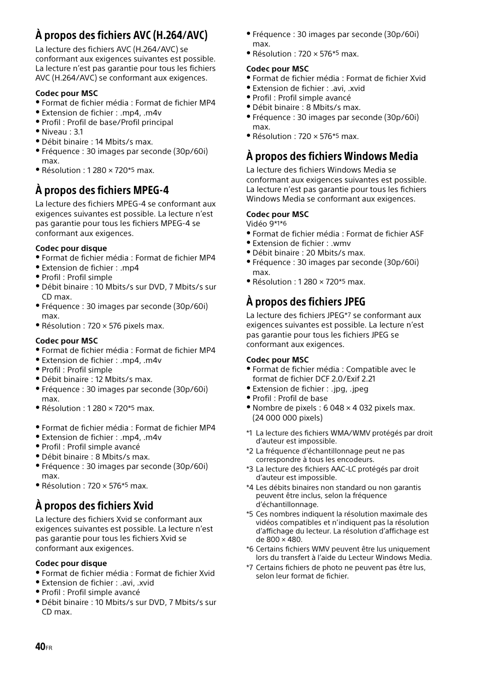 À propos des fichiers avc (h.264/avc), À propos des fichiers mpeg-4, À propos des fichiers xvid | À propos des fichiers windows media, À propos des fichiers jpeg | Sony XAV-602BT User Manual | Page 88 / 164