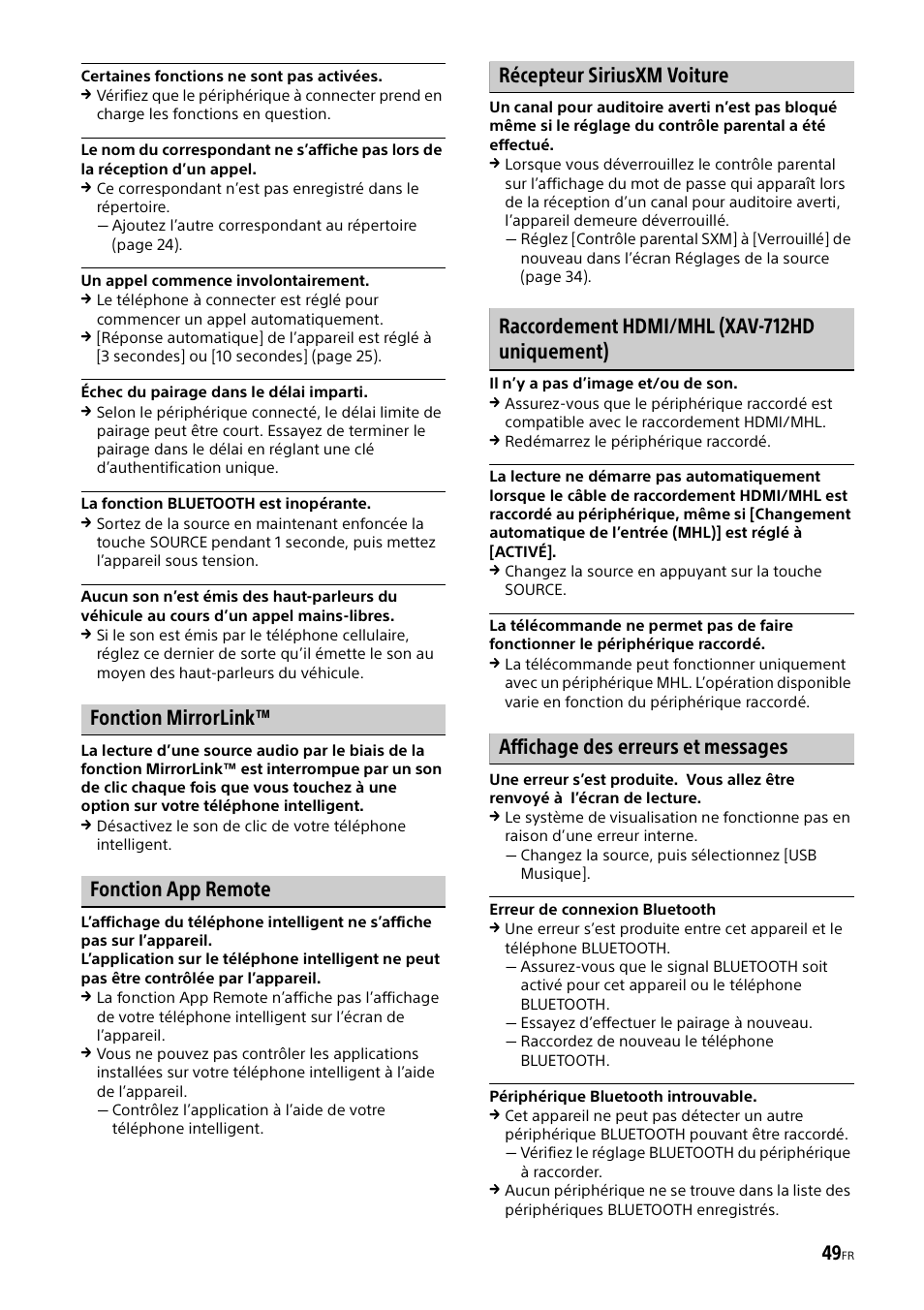 Fonction mirrorlink, Fonction app remote, Récepteur siriusxm voiture | Raccordement hdmi/mhl (xav-712hd uniquement), Affichage des erreurs et messages | Sony XAV-602BT User Manual | Page 97 / 164