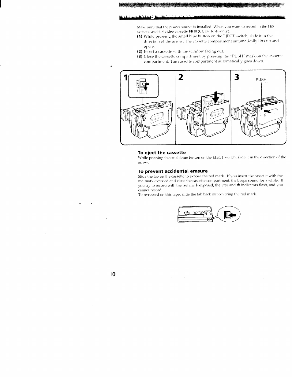 To eject the cassette, To prevent accidental erasure | Sony CCD-TR416 User Manual | Page 10 / 77