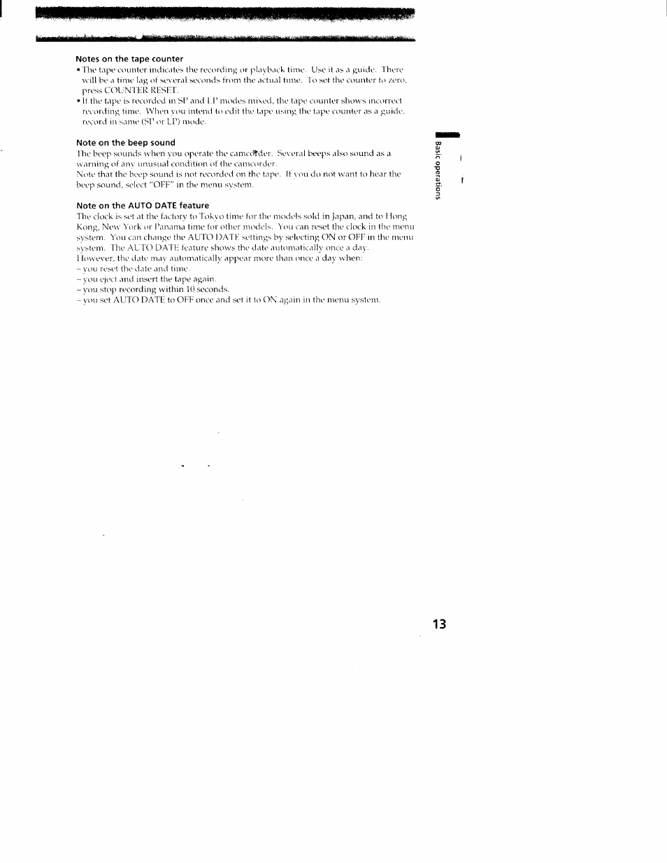 Notes on the tape counter, Note on the beep sound, Note on the auto date feature | Sony CCD-TR416 User Manual | Page 13 / 77