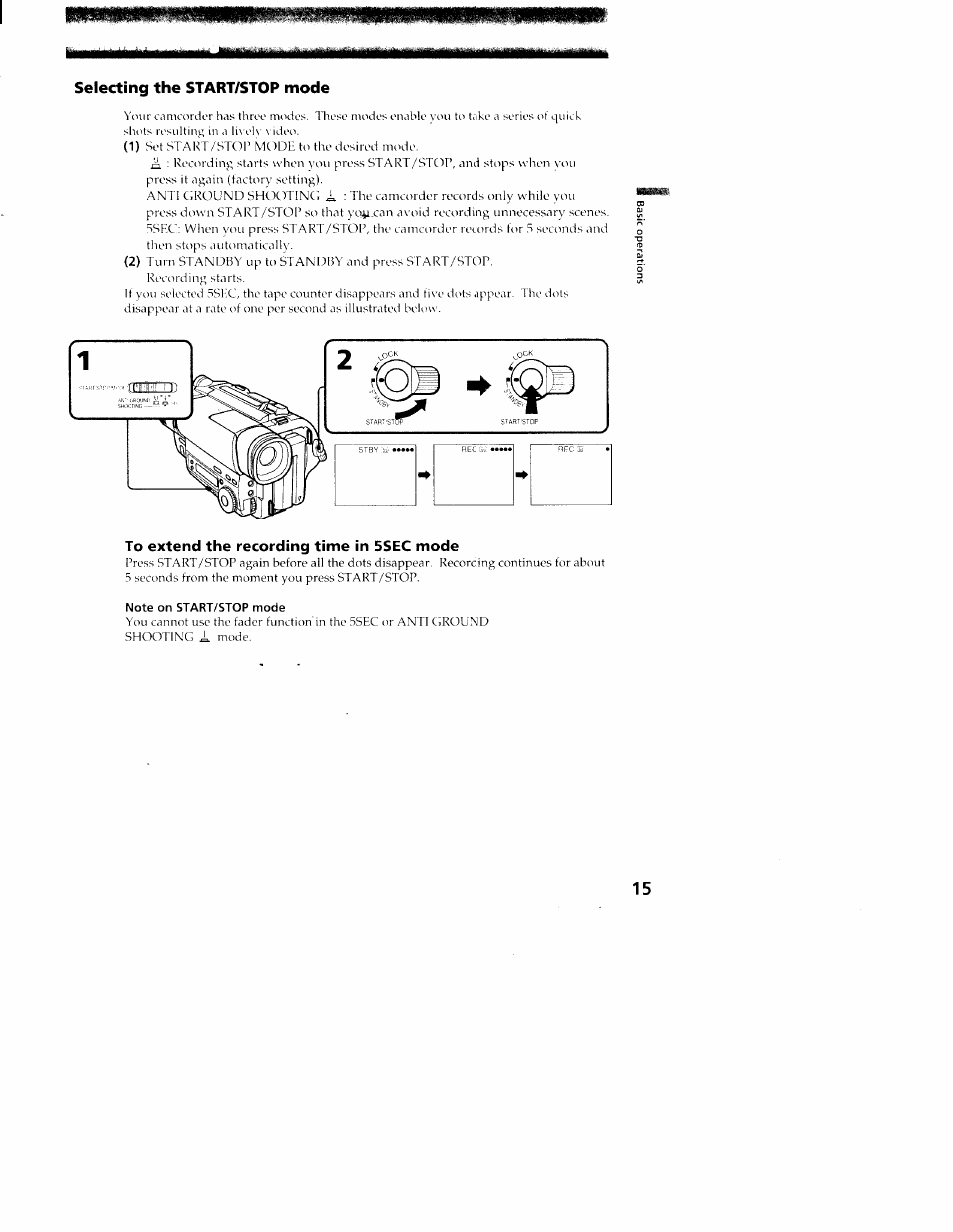 Mimi, Selecting the start/stop mode, To extend the recording time in 5sec mode | Note on start/stop mode | Sony CCD-TR416 User Manual | Page 15 / 77