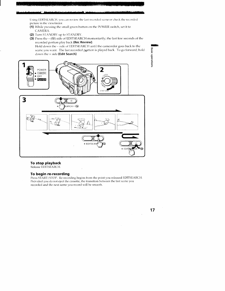 To stop playback, To begin re-recording | Sony CCD-TR416 User Manual | Page 17 / 77